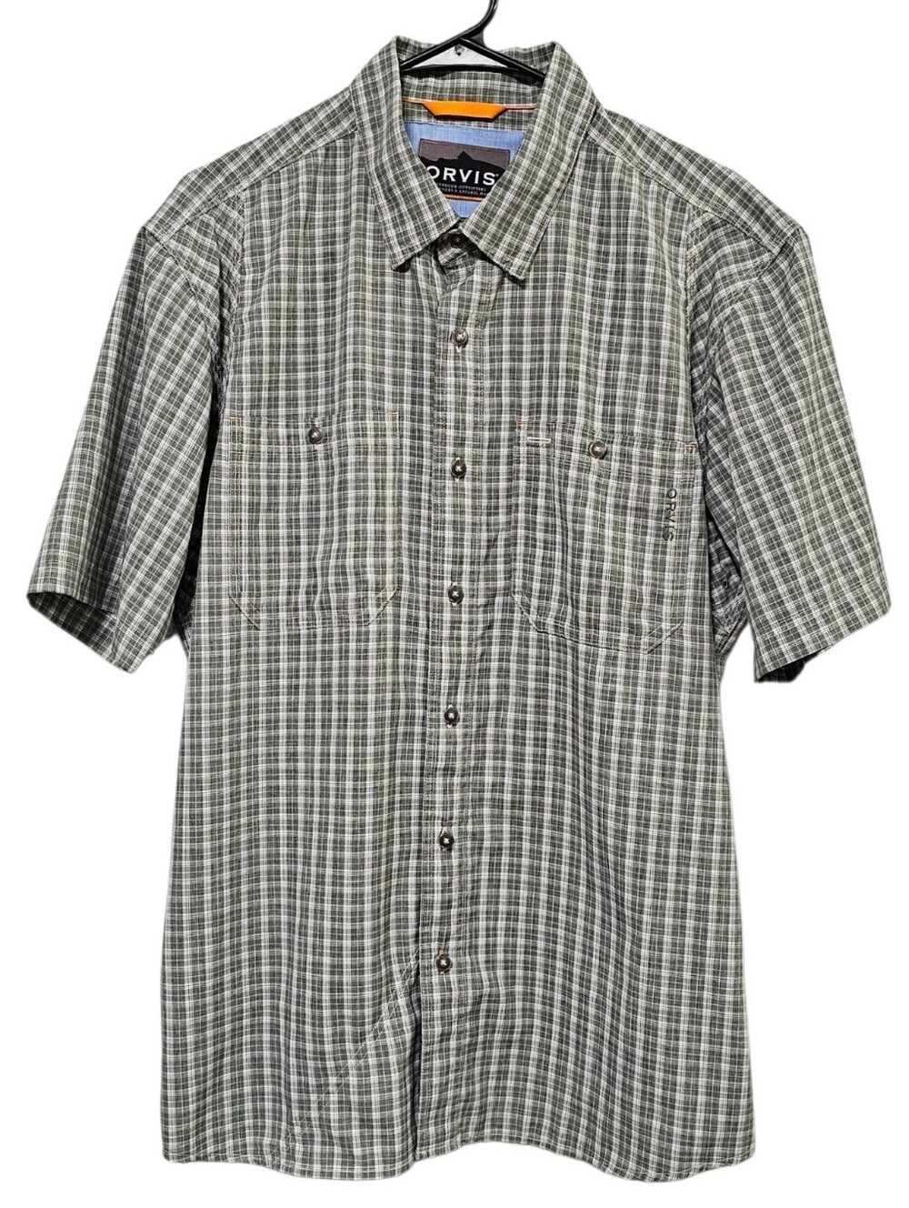 Orvis Men's Olive Green Plaid Short Sleeve Button Down Size L